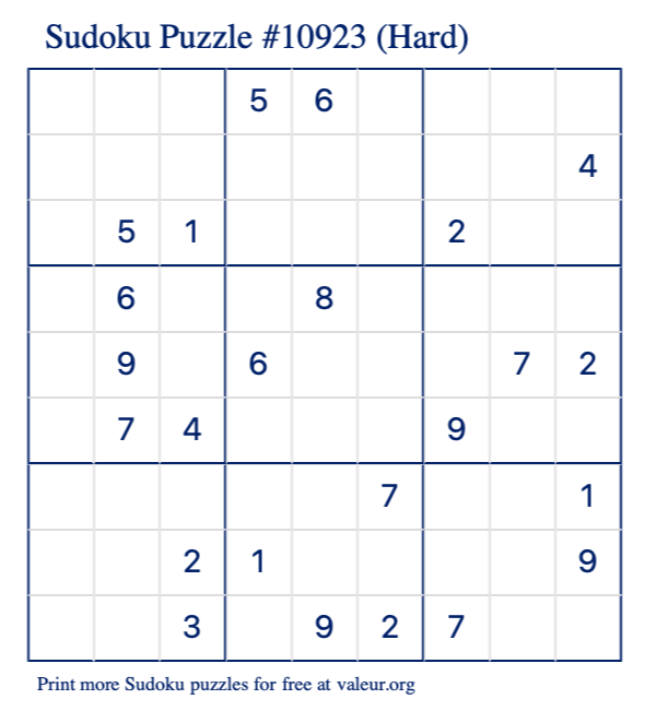 Free Printable Hard Sudoku Puzzle number 10923
