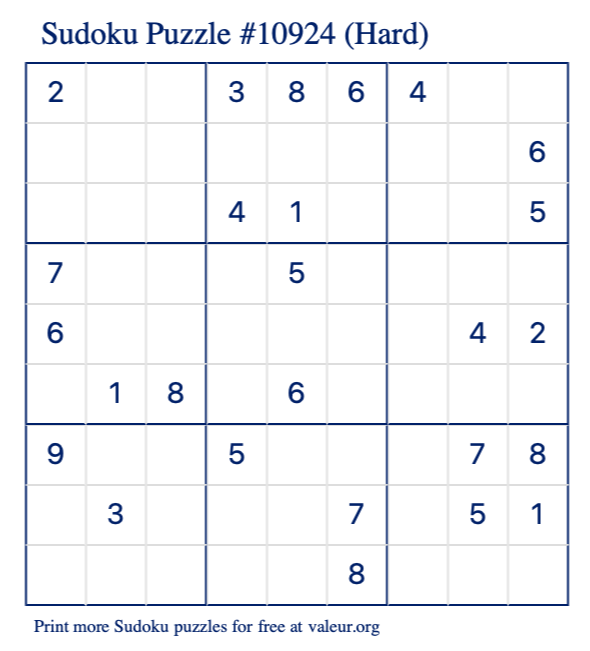 Free Printable Hard Sudoku Puzzle number 10924