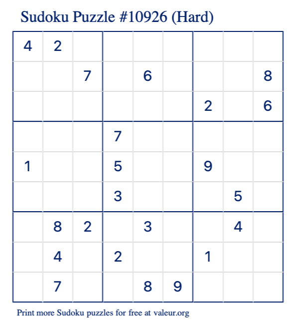 Free Printable Hard Sudoku Puzzle number 10926