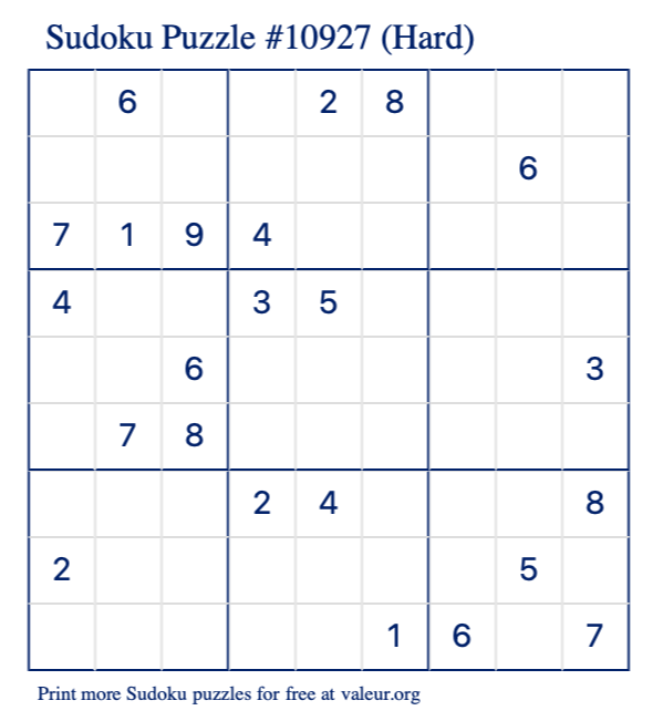 Free Printable Hard Sudoku Puzzle number 10927