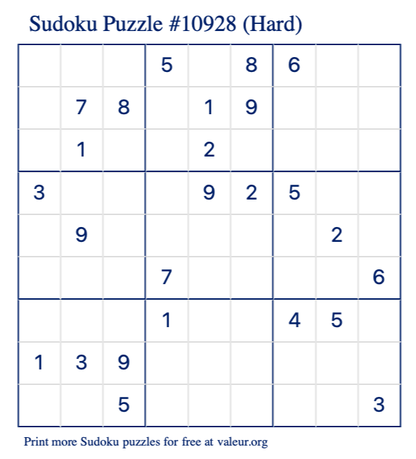 Free Printable Hard Sudoku Puzzle number 10928