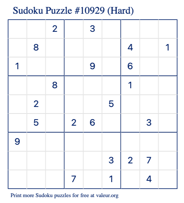 Free Printable Hard Sudoku Puzzle number 10929