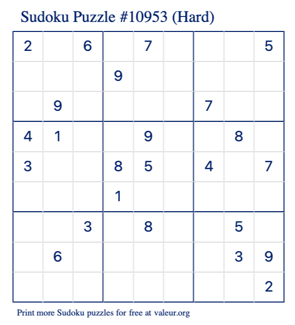 Free Printable Hard Sudoku Puzzle number 10953