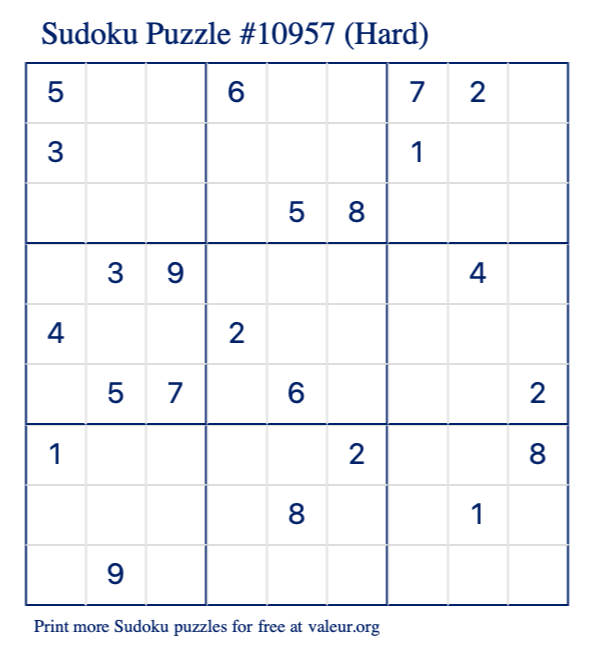 Free Printable Hard Sudoku Puzzle number 10957