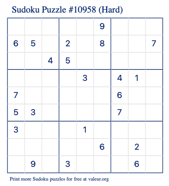 Free Printable Hard Sudoku Puzzle number 10958