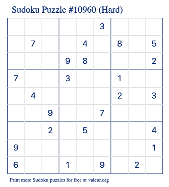 Free Printable Hard Sudoku Puzzle number 10960