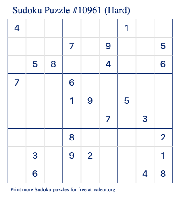 Free Printable Hard Sudoku Puzzle number 10961