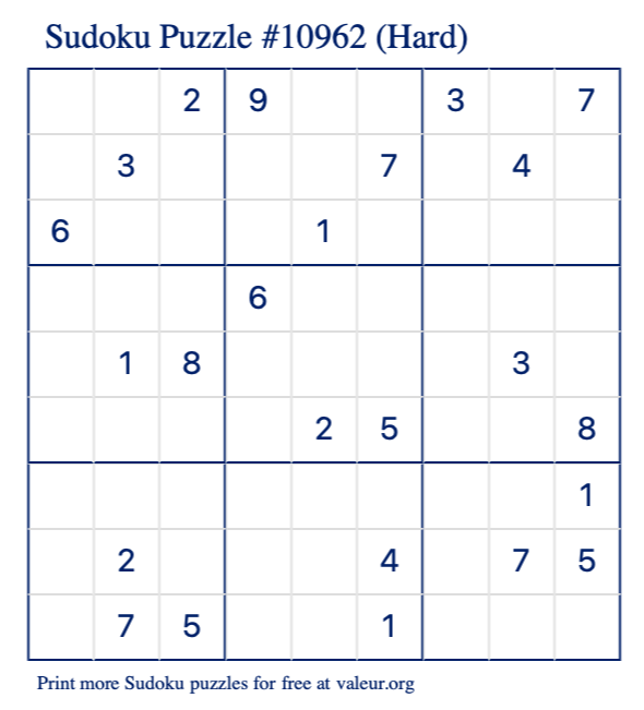 Free Printable Hard Sudoku Puzzle number 10962