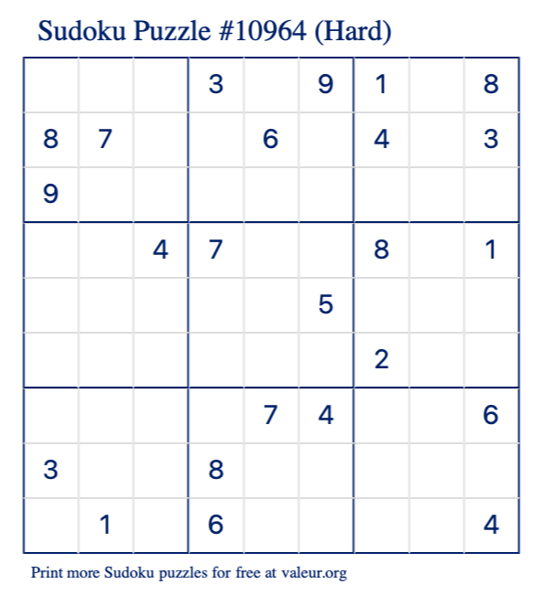 Free Printable Hard Sudoku Puzzle number 10964