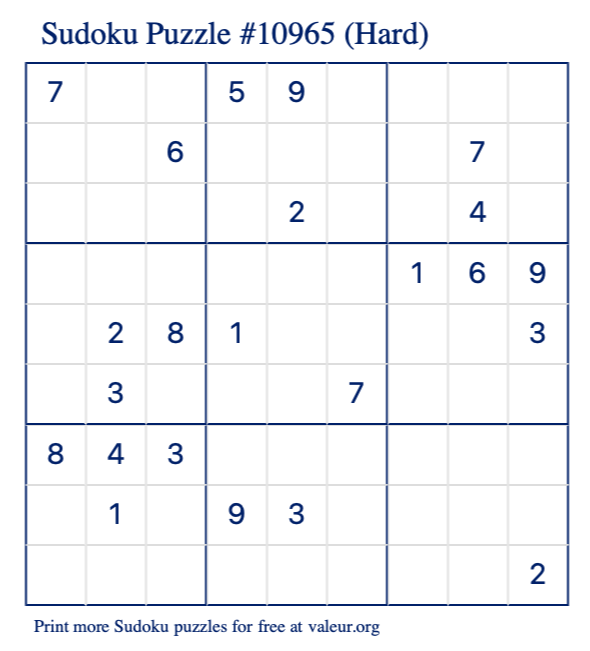Free Printable Hard Sudoku Puzzle number 10965