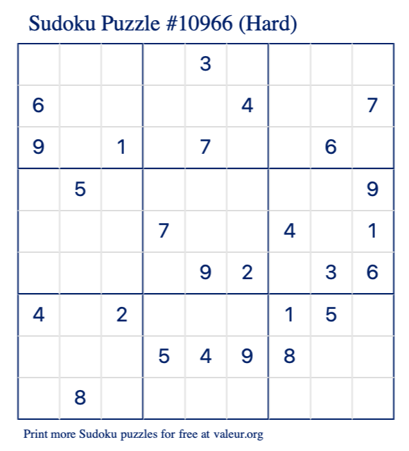 Free Printable Hard Sudoku Puzzle number 10966