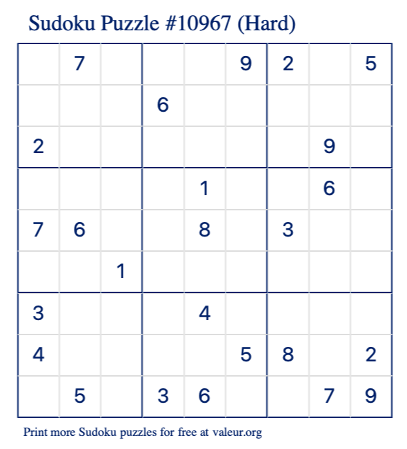 Free Printable Hard Sudoku Puzzle number 10967