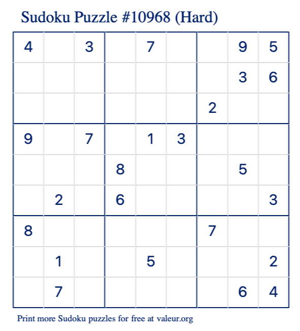 Free Printable Hard Sudoku Puzzle number 10968