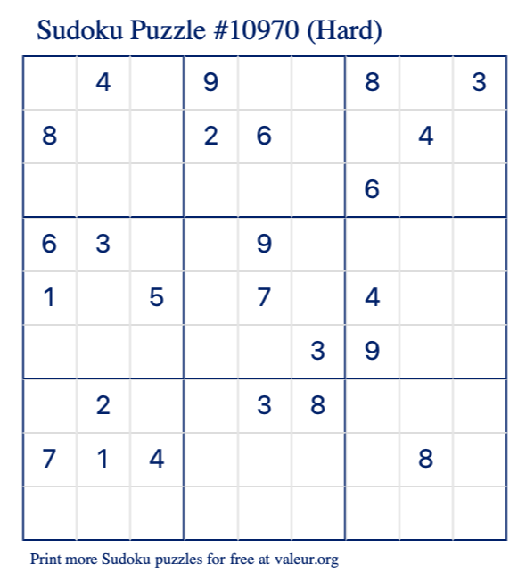 Free Printable Hard Sudoku Puzzle number 10970