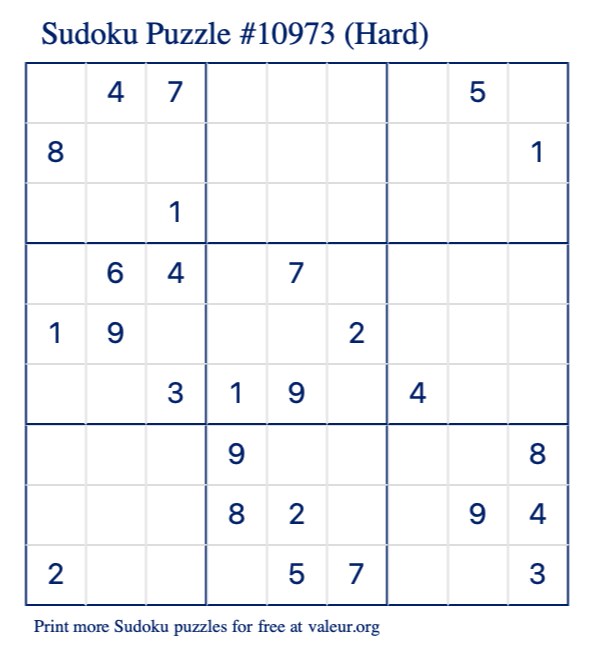 Free Printable Hard Sudoku Puzzle number 10973
