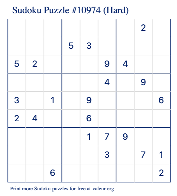 Free Printable Hard Sudoku Puzzle number 10974