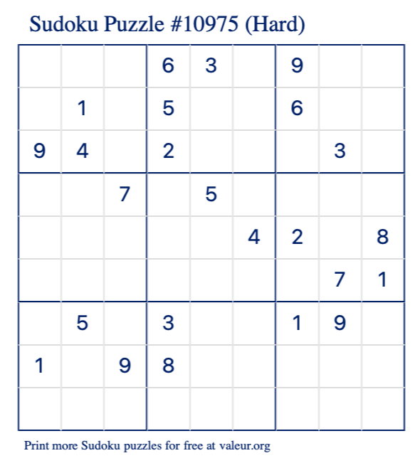 Free Printable Hard Sudoku Puzzle number 10975