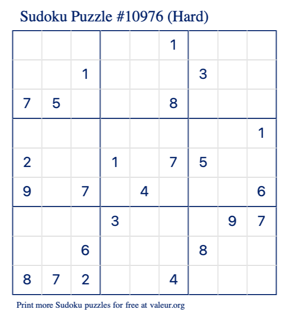 Free Printable Hard Sudoku Puzzle number 10976