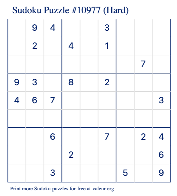Free Printable Hard Sudoku Puzzle number 10977