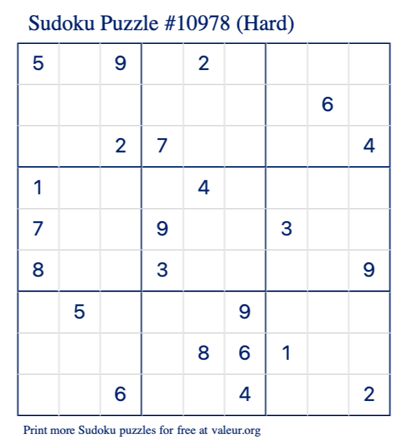 Free Printable Hard Sudoku Puzzle number 10978