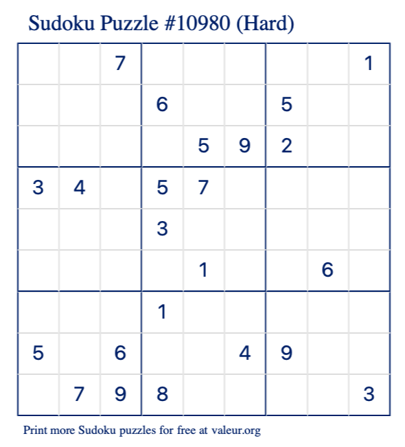 Free Printable Hard Sudoku Puzzle number 10980