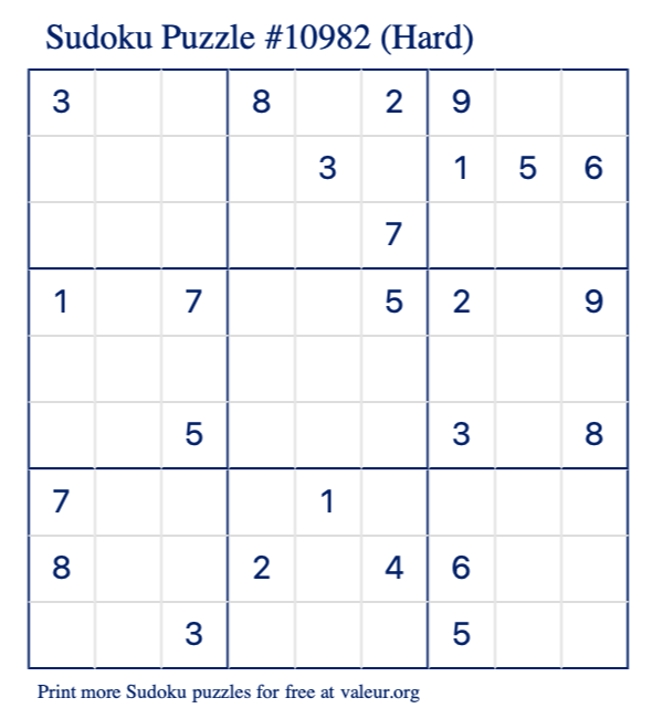 Free Printable Hard Sudoku Puzzle number 10982