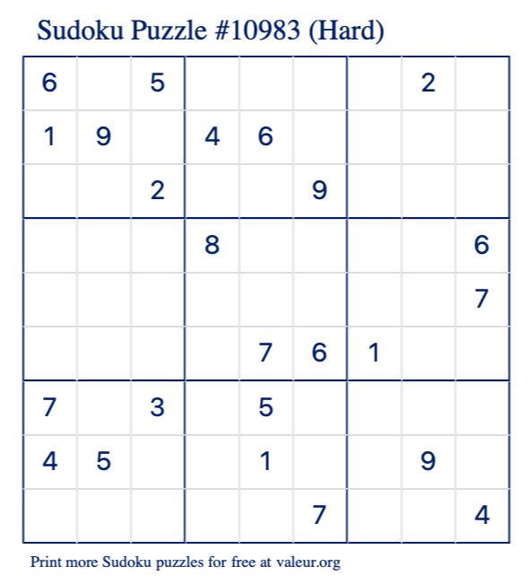 Free Printable Hard Sudoku Puzzle number 10983