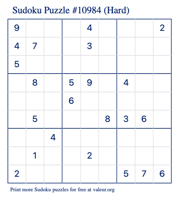 Free Printable Hard Sudoku Puzzle number 10984