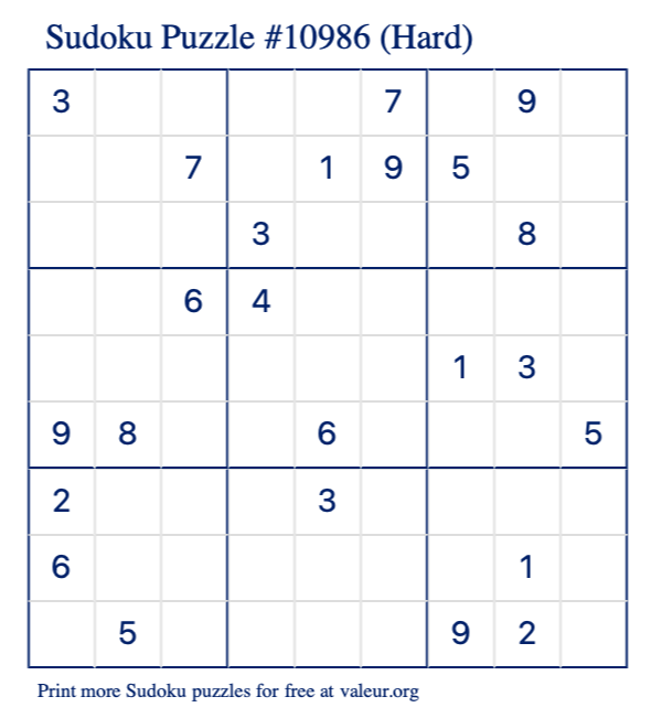 Free Printable Hard Sudoku Puzzle number 10986