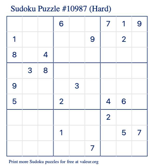 Free Printable Hard Sudoku Puzzle number 10987