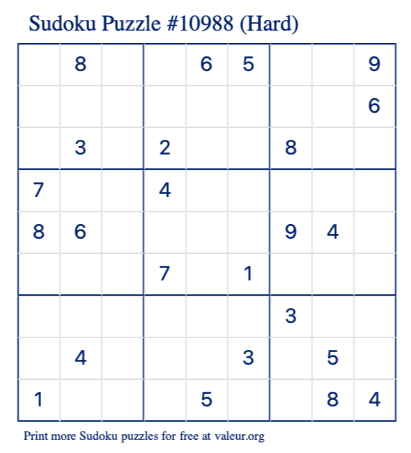 Free Printable Hard Sudoku Puzzle number 10988