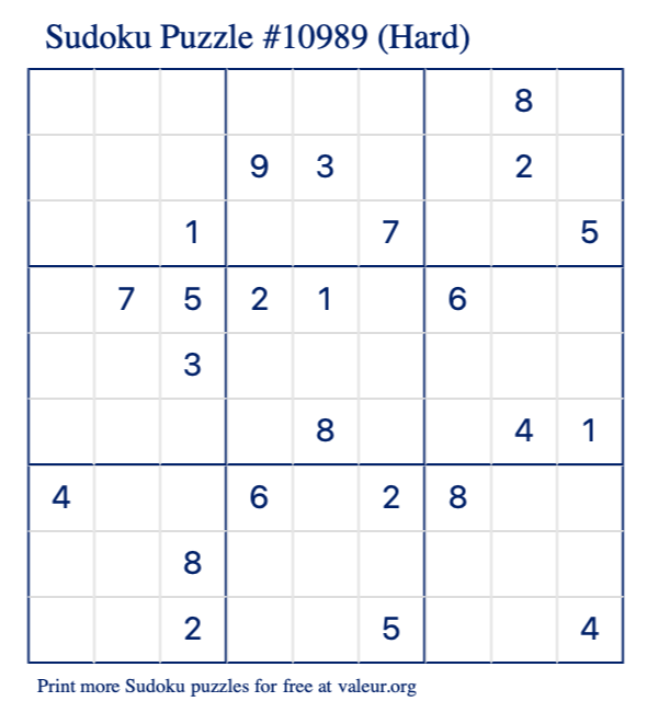 Free Printable Hard Sudoku Puzzle number 10989