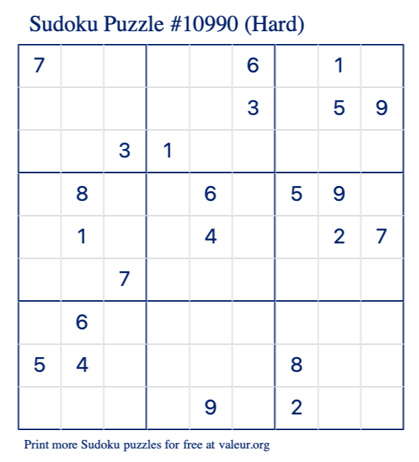 Free Printable Hard Sudoku Puzzle number 10990