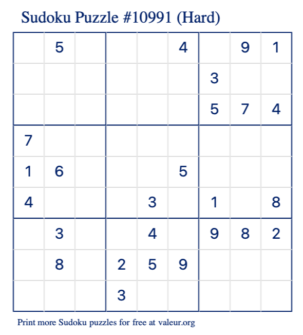 Free Printable Hard Sudoku Puzzle number 10991
