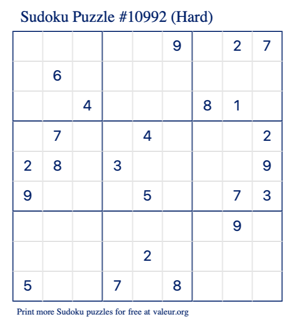 Free Printable Hard Sudoku Puzzle number 10992