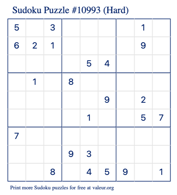 Free Printable Hard Sudoku Puzzle number 10993