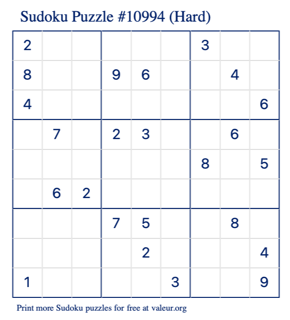 Free Printable Hard Sudoku Puzzle number 10994