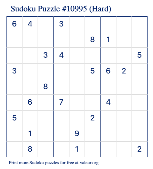 Free Printable Hard Sudoku Puzzle number 10995