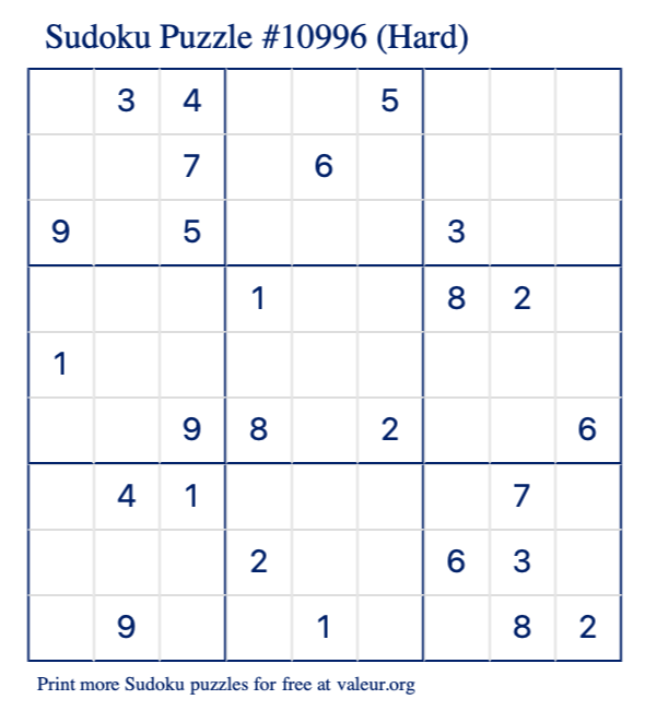 Free Printable Hard Sudoku Puzzle number 10996
