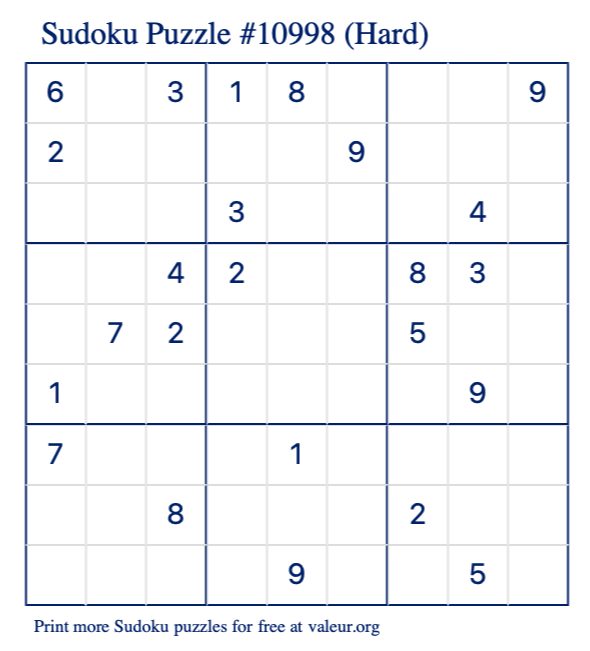 Free Printable Hard Sudoku Puzzle number 10998
