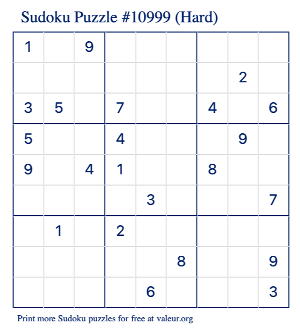 Free Printable Hard Sudoku Puzzle number 10999