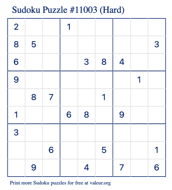 Free Printable Hard Sudoku Puzzle number 11003