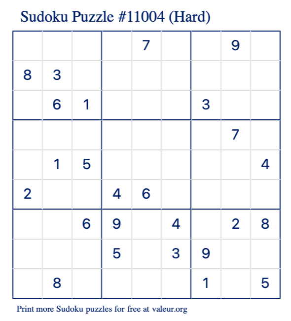 Free Printable Hard Sudoku Puzzle number 11004