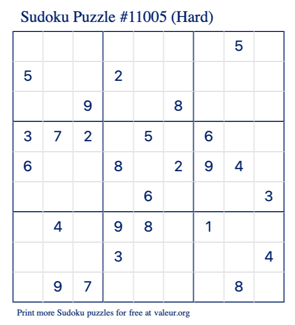 Free Printable Hard Sudoku Puzzle number 11005