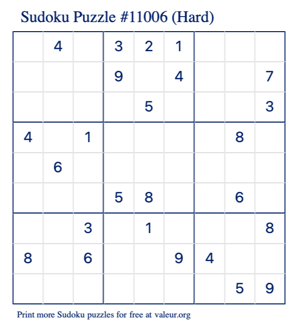 Free Printable Hard Sudoku Puzzle number 11006