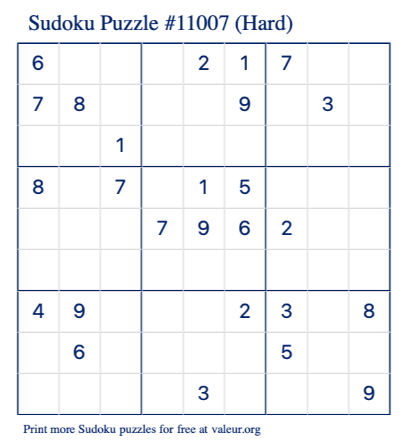Free Printable Hard Sudoku Puzzle number 11007