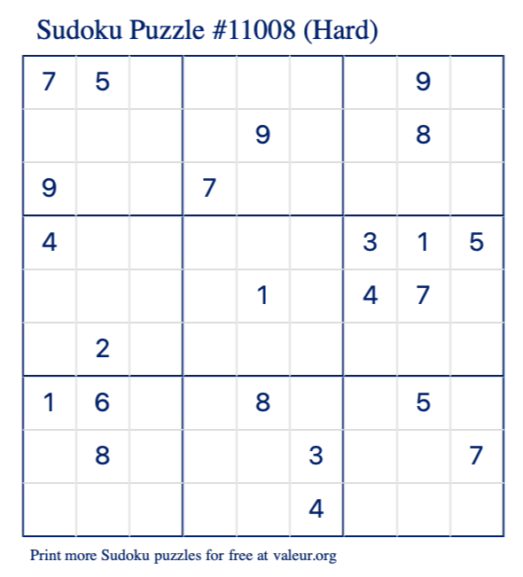 Free Printable Hard Sudoku Puzzle number 11008