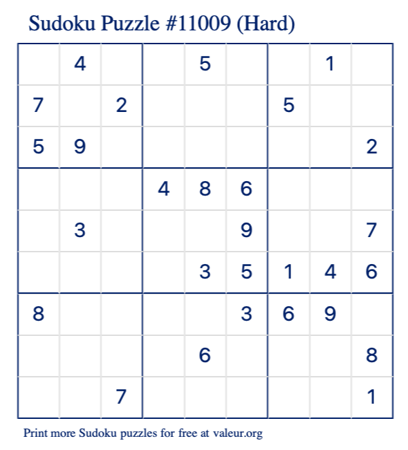Free Printable Hard Sudoku Puzzle number 11009