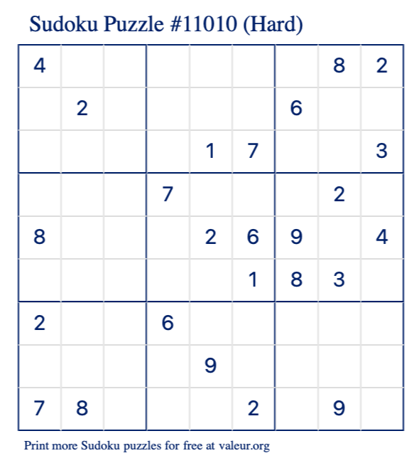Free Printable Hard Sudoku Puzzle number 11010