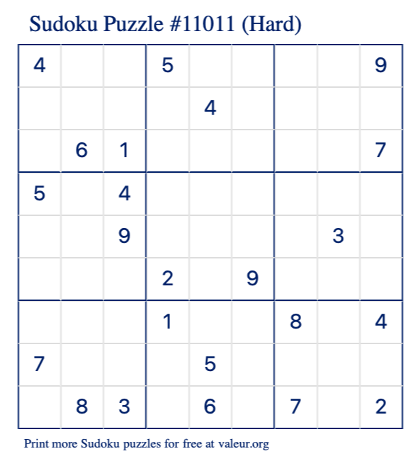 Free Printable Hard Sudoku Puzzle number 11011